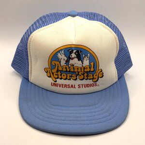 Vtg 80s Universal Studios Animal Actors Stage Mesh Trucker Hat Baby Blue - Youth